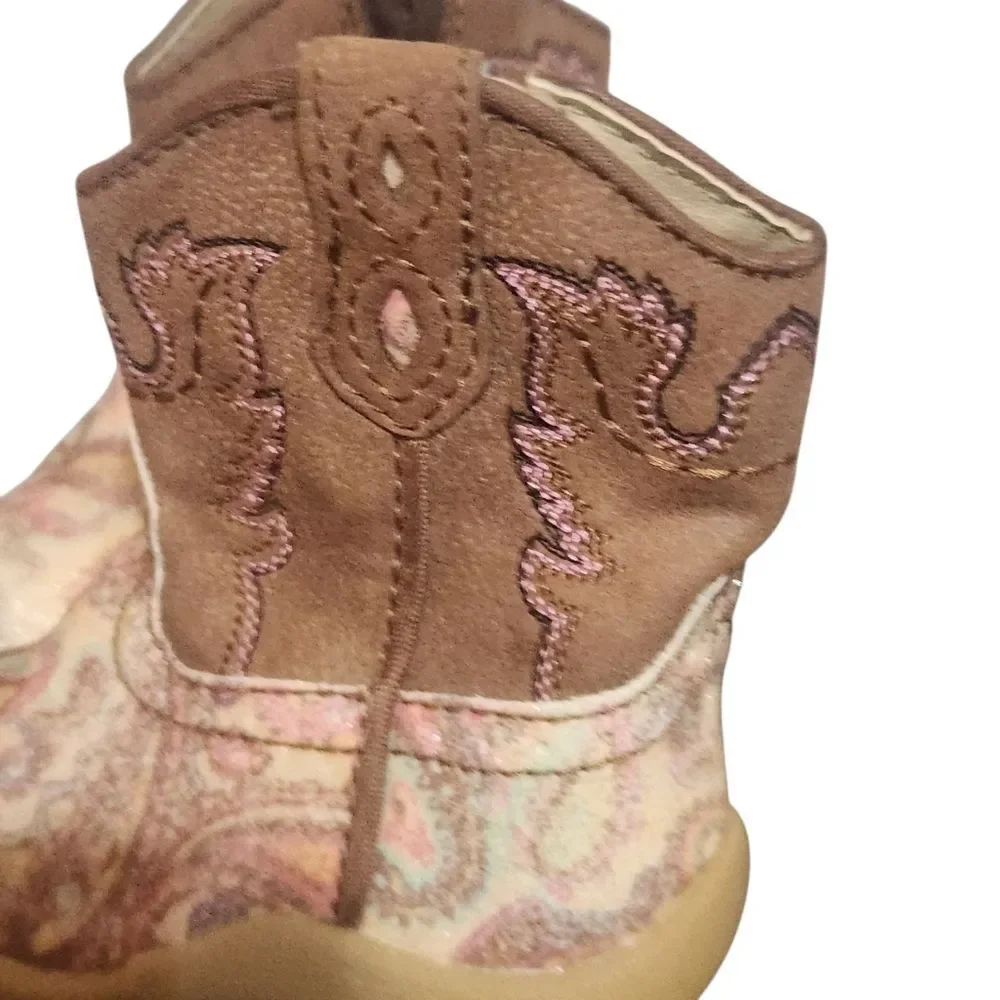 Roper Newborn Size 2 Soft Cowboy Boots Brown Yellow Paisley Side Zip Shoes